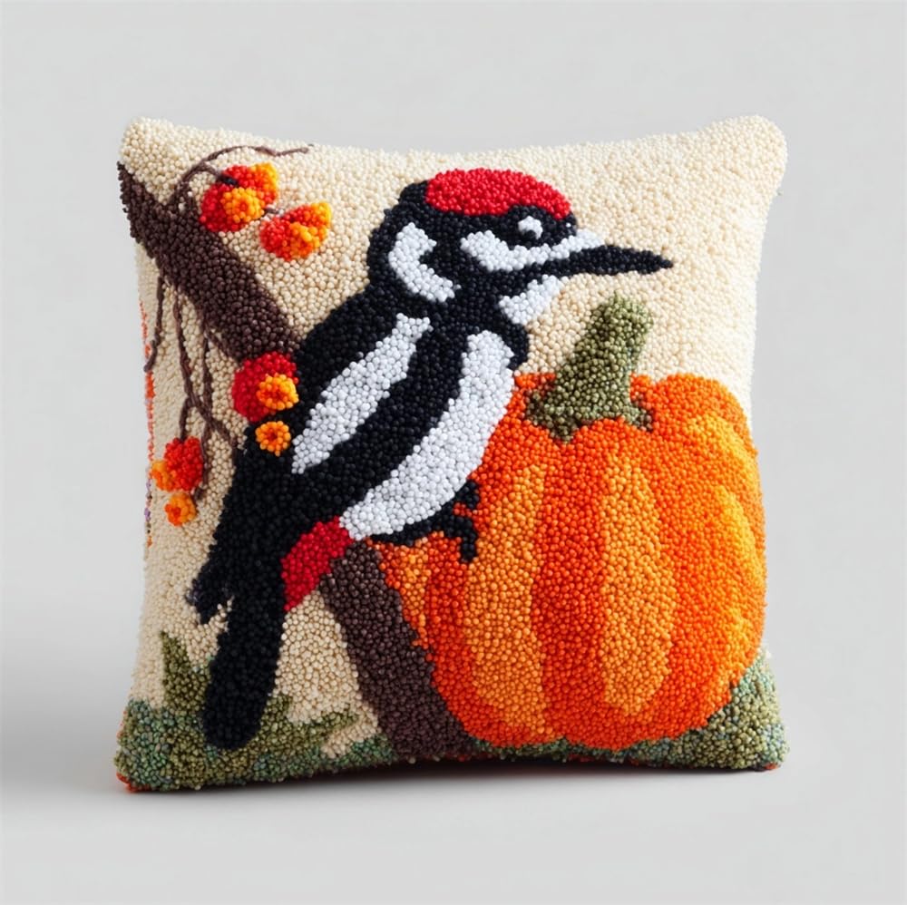 Taxpy Latch Hook Cushion Kit,Woodpecker and Pumpkin 17X17In