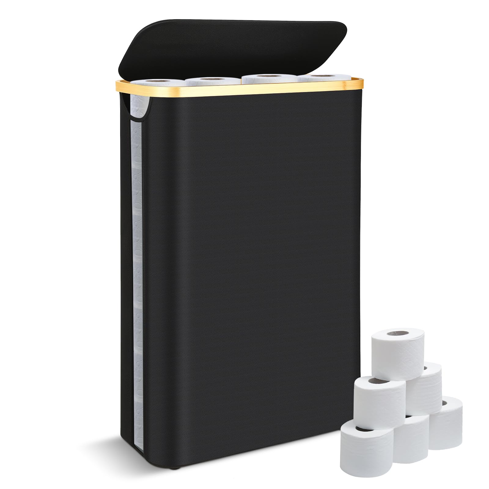 Toilet Roll Storage, 50L Toilet Paper Storage for up to 24 Rolls, Multifunctional Large Basket with Side Window, Bathroom Organizer Bin with Lid, Free Standing Box Unit Organizer