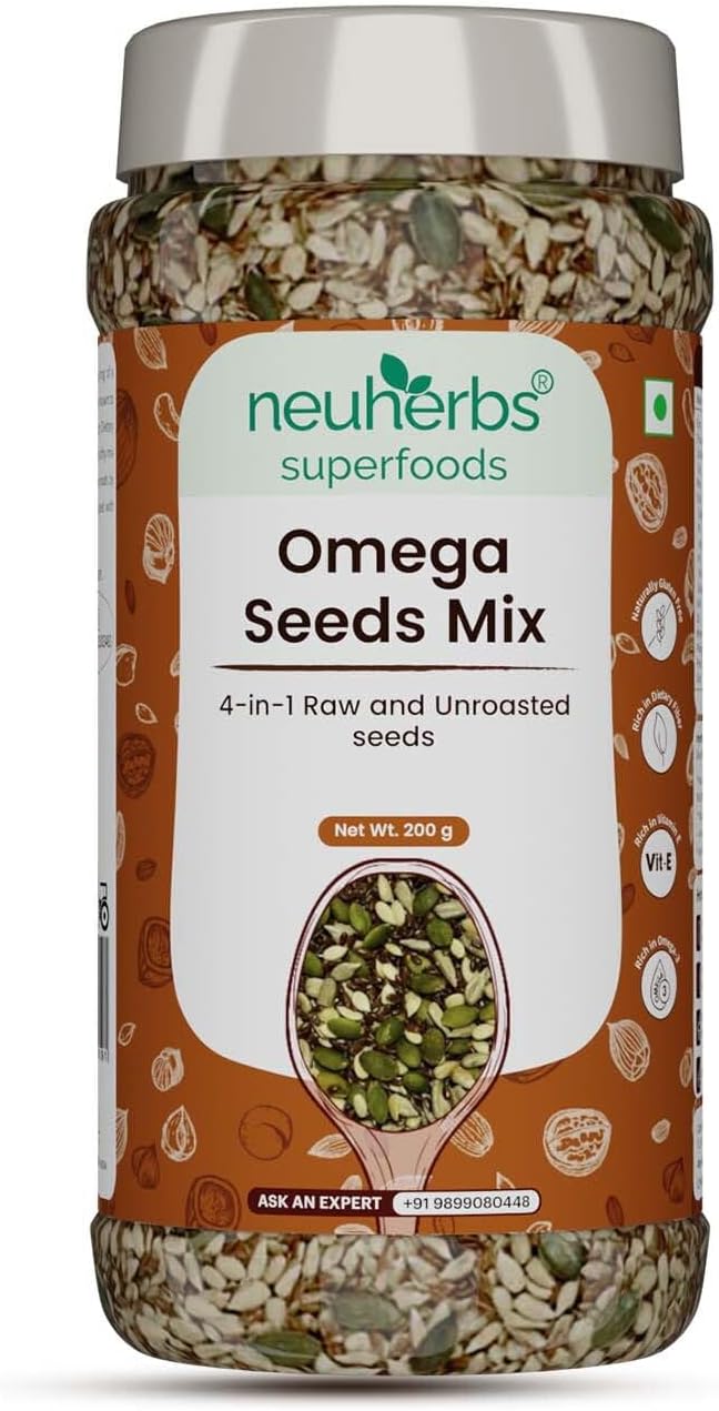 Neuherbs Omega-3 Fiber 4-in-1 raw & Unroasted seeds mix 200g | Diet snacks | Super Seeds Mix For Eating | Healthy Food For Weight Management, Heart,Good Skin