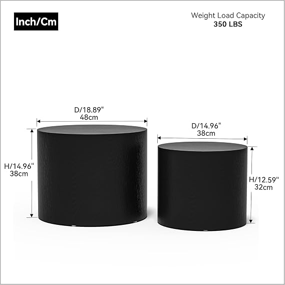Nesting Coffee Table Set of 2,Round Wooden Coffee Tables, Modern Drum Shape Round Coffee Table Accent End Table Set Circle Coffee Table Side Table for Living Room (Matte Black, 18.9'')