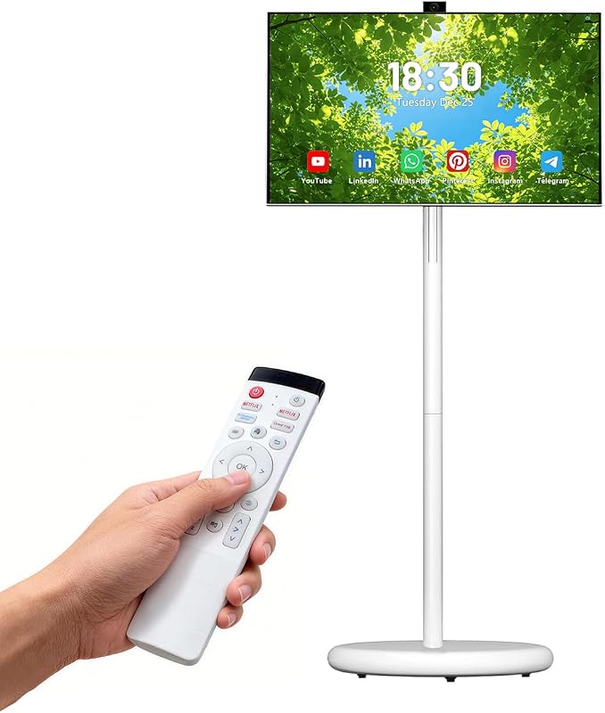 27″ FHD Touch Screen Rolling TV, Smart Portable TV on Wheels, 6G+128GB, 27000mAh Battery, Android 15 OS, EDLA-Certified, Wireless Tablet TV with Voice Remote Control, Built-in 13MP Camera