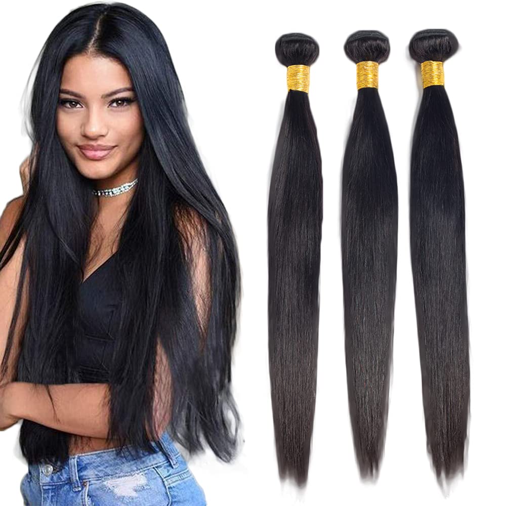 View 1 of #1B Straight Bundles Human Hair 28 30 32 Inch Natural Black Straight Bundle Human Hair Extensions Unprocessed Virgin Remy Hair 3 Bundle 50 Gram Per Bundle For Women