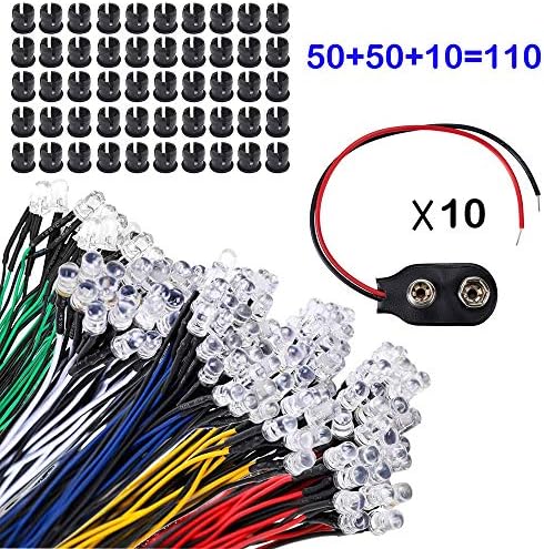 GTIWUNG 50Pcs LED Diodes Light Ultra Bright 12V 20cm Pre Wired + 50Pcs 5mm Plastic LED Holder LED Light Mounting Holders + 9V Battery Holder Clip Cable, for Toy Lighting to add a Festive Atmosphere