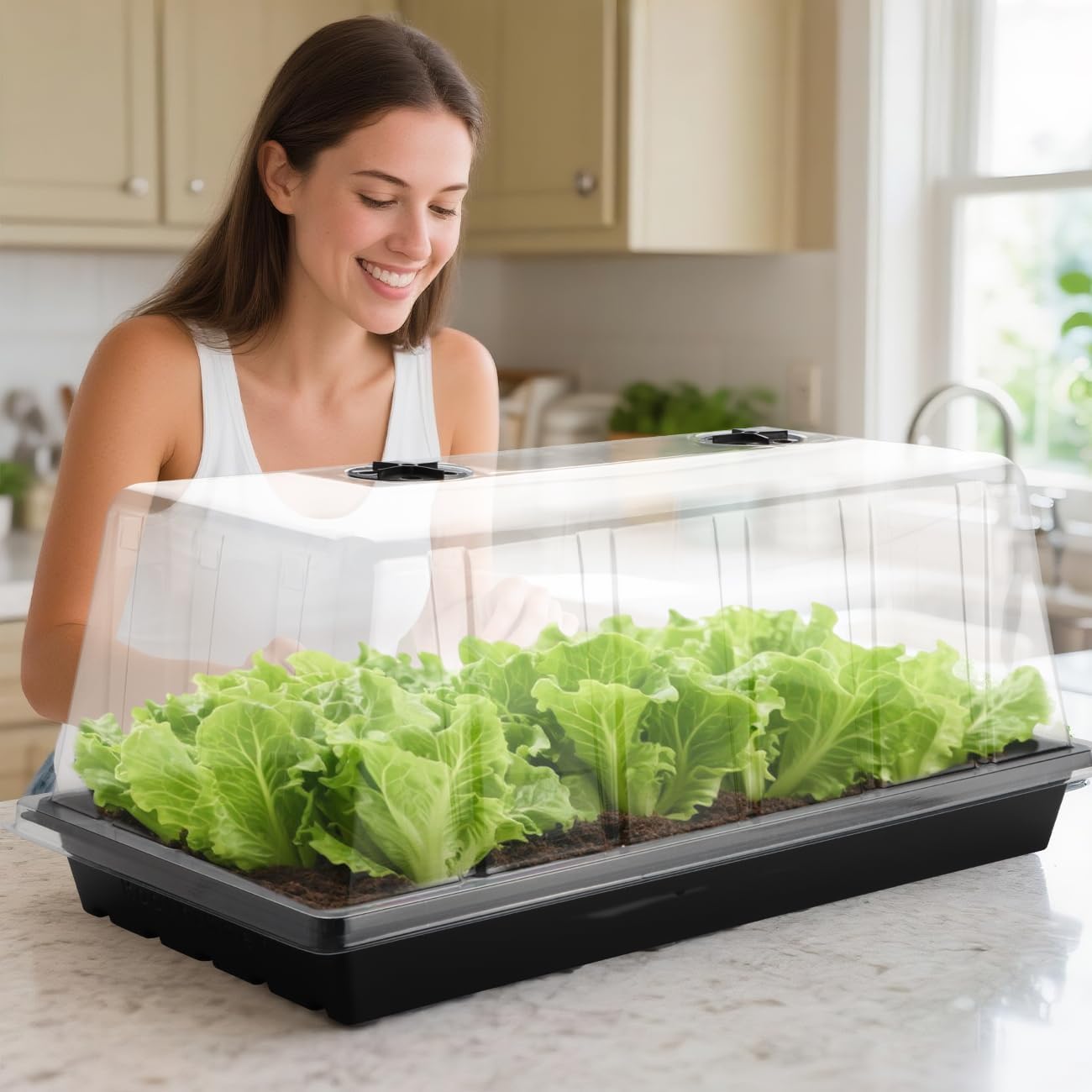 1020 Trays with Tall 7.3'' Dome, 10-Pack Extra Large Seed Starter Tray with Humidity Domes, Heavy Duty 1020 Seed Trays and Flats with Lid, Seed Germination Mini Greenhouse No Hole for Balcony Garden