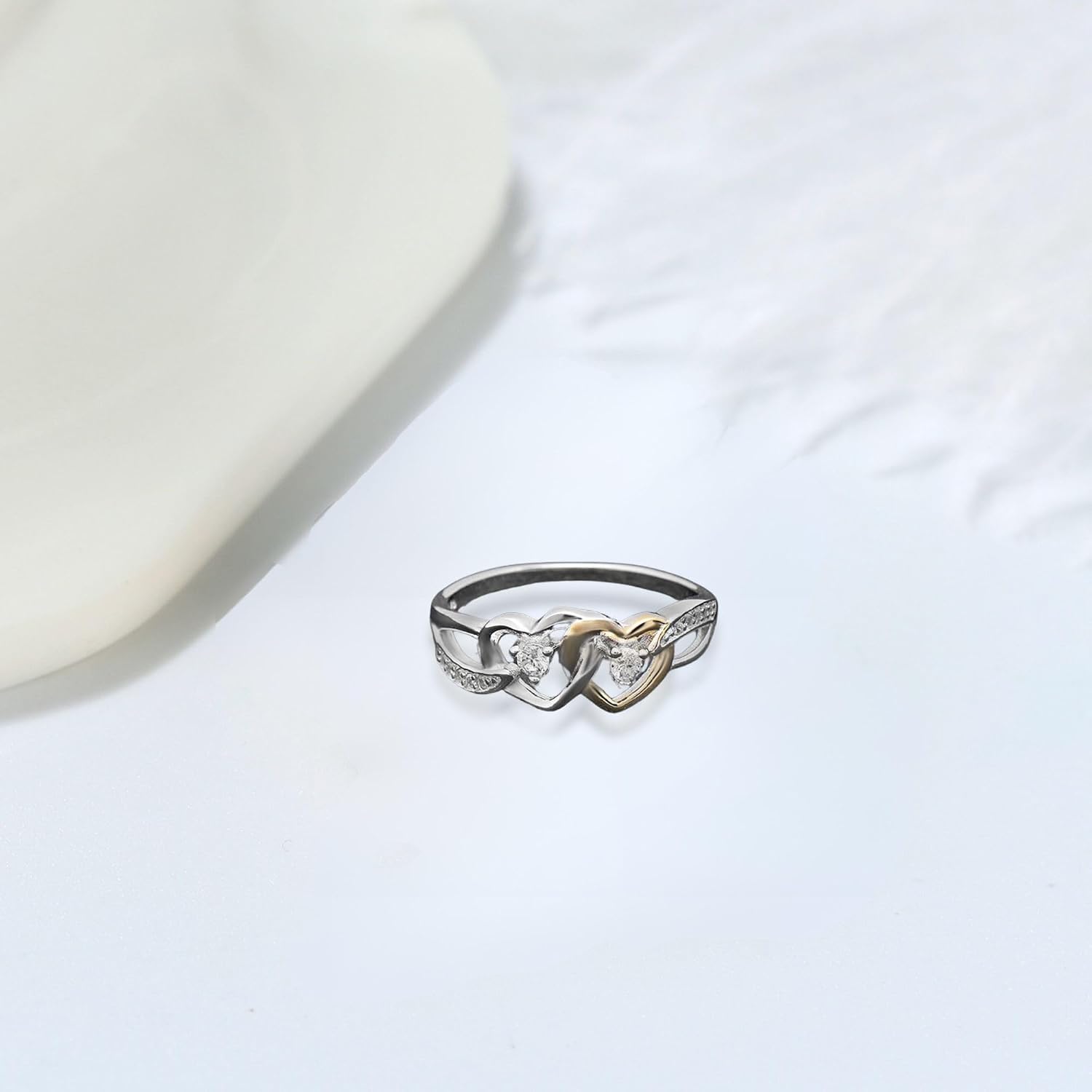 Together Promise Ring for Women by Ginger Lyne | Double Hearts Two Tone Gold over 925 Sterling Silver Engagement Ring for Her | Cubic Zirconia Bridal Jewelry for Girlfriend or Wife