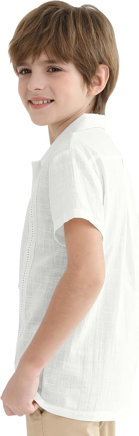 Boys Guayabera Shirt Short Sleeve Button Down Cuban Wedding Shirt Kids Linen Summer Beach Outfit Formal Casual Tops
