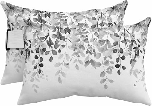 Outdoor Pillows with Insert 2 Pack-12"x20" Black Weeping Eucalyptus Head Pillow for Pool Lounger and Office Chair Spring Botanical Leaves Floral Lumbar Pillow with Adjustable Strap