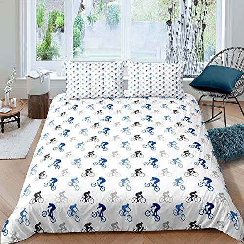 Boys Blue Black Duvet Cover Double Size Mountain Bike Bedding Set Extreme Sports Theme Comforter Cover For Kids Teens Bicycle Rider Printed Quilt Cover With 2 Pillow Cases