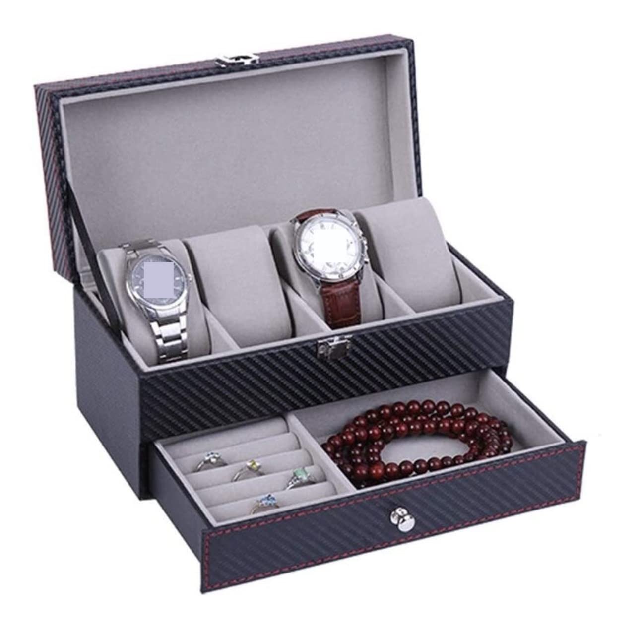 TIANQIHAO Watch Case Pu Leather 4 Slots Watch Box 2-Tier Organizer Case Jewelry Holder Showcase Display Drawer Storage Box Watch Box,Black G-22.2 * 11 * 11.2cm