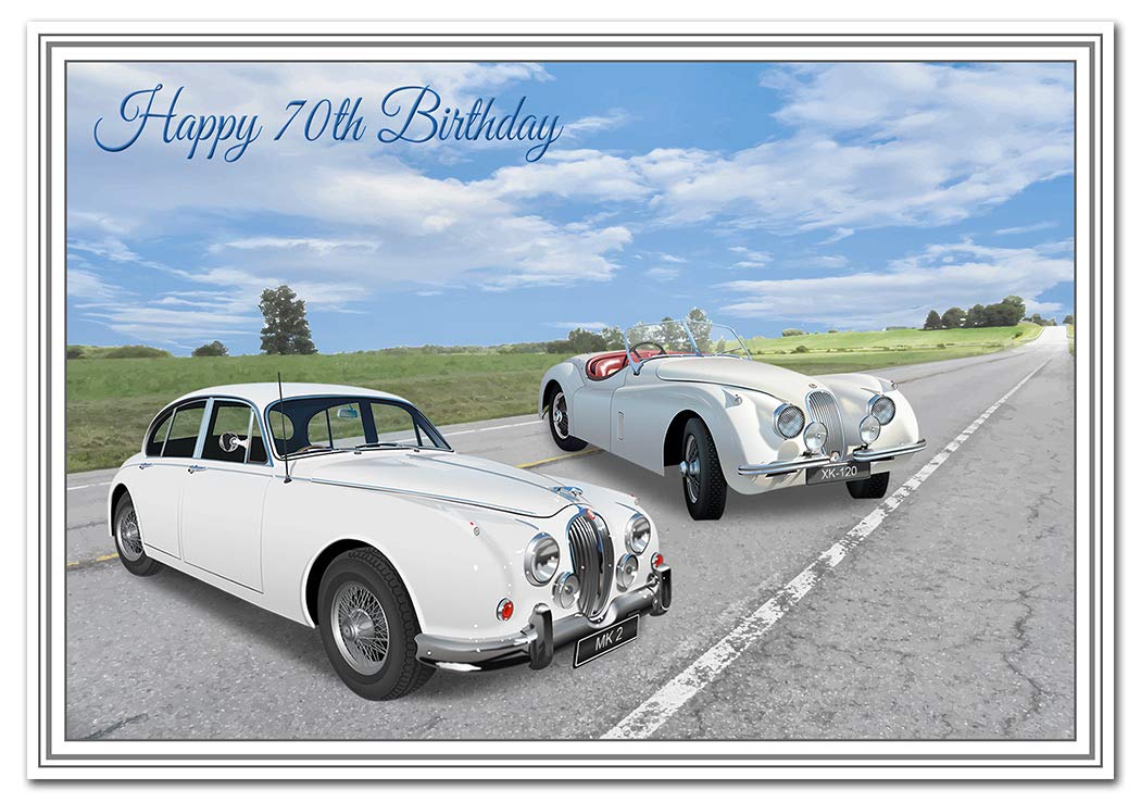 70th Birthday Card - Classic Car Vintage Collage - Cool Vector Art - Special Unique Unusual - Happy Adult Teenage Greeting Wishes - Blank inside - Made in UK