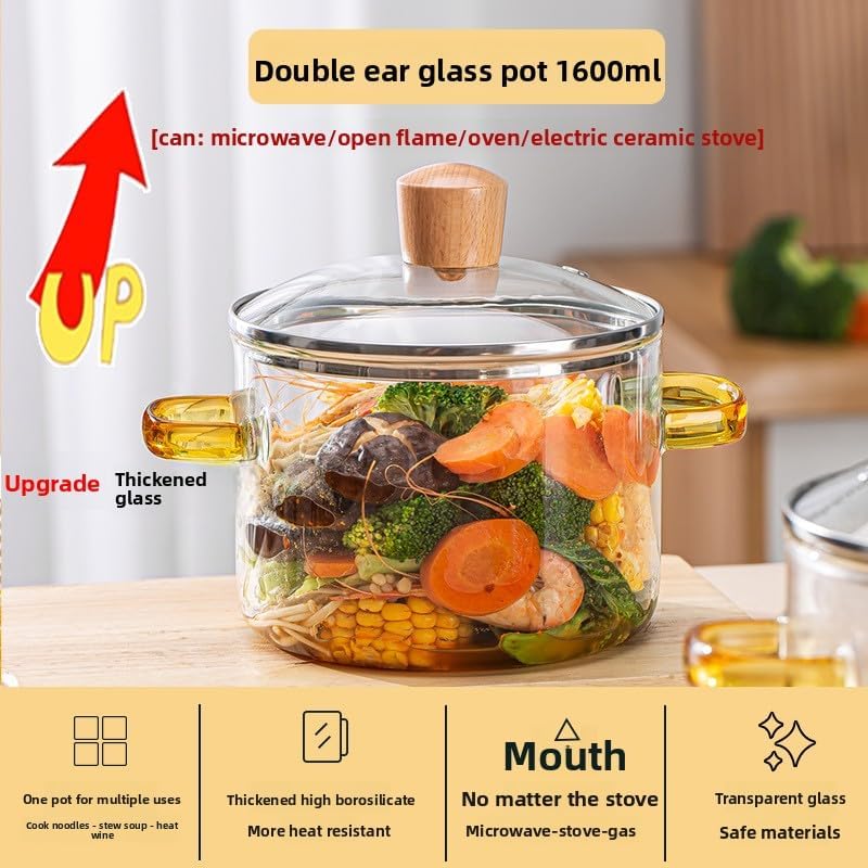 1.6L/54oz Borosilicate Glass Stovetop Pot with Lid, Heat Resistant Simmer Pot for Soup, Milk, Sauce & Pasta, Clear Cookware for Gas/Electric/Induction