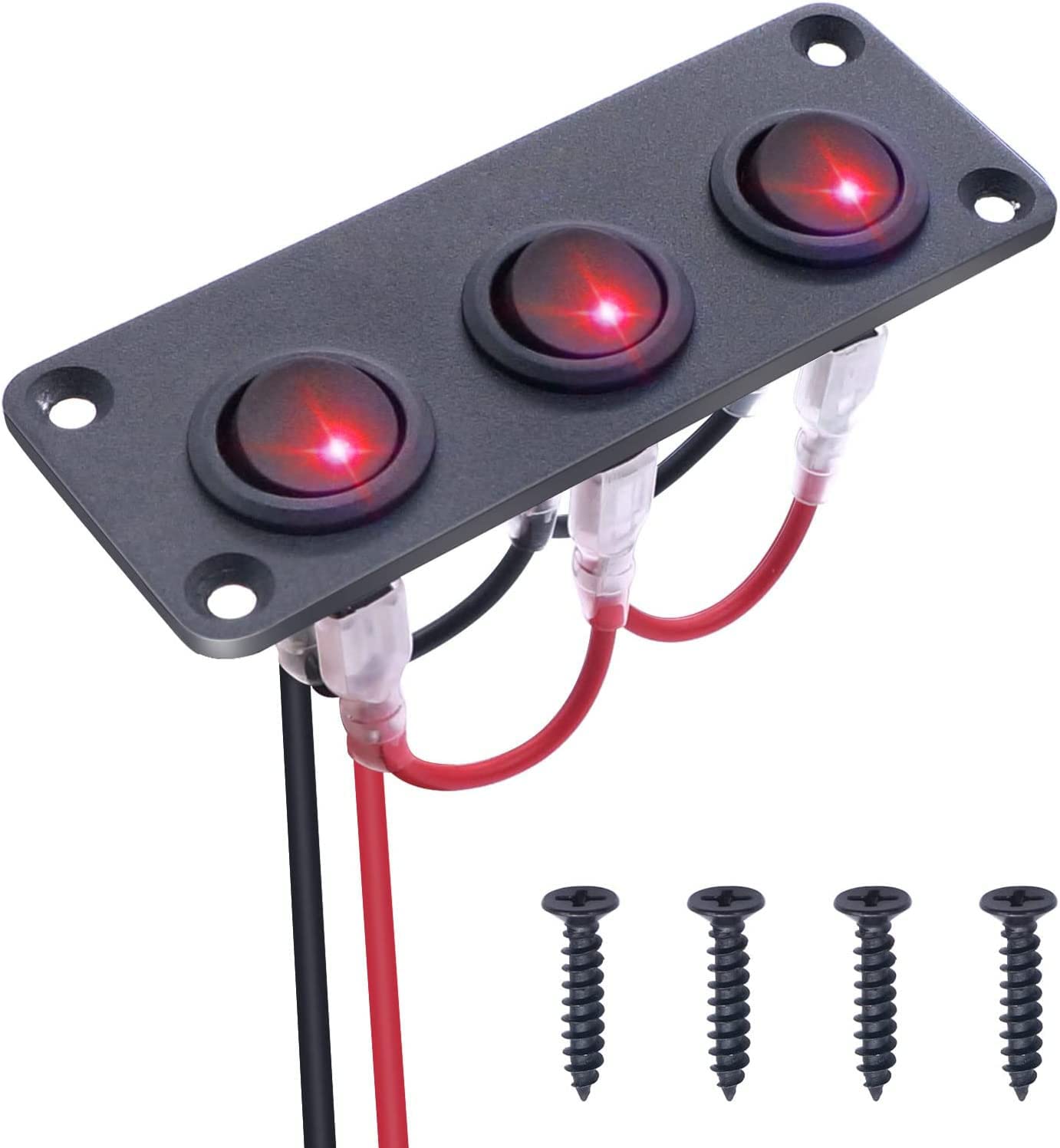 RUNCCI-YUN 3-pasmowy panel przełącznika kołyskowego,Czerwony panel przełącznika LED 12-24V,SPST Okrągły przełącznik samochodowy do samochodu, karawana, ciężarówka, łódź