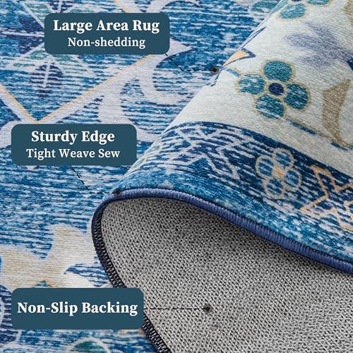 Vintage 8x10 Washable Area Rug, Low-Profile Large Area Rug with Non-Slip Backing & Durable Edge Binding, Pet-Friendly Carpet, Large Rug for Living Room, Bedroom, Dinning Room