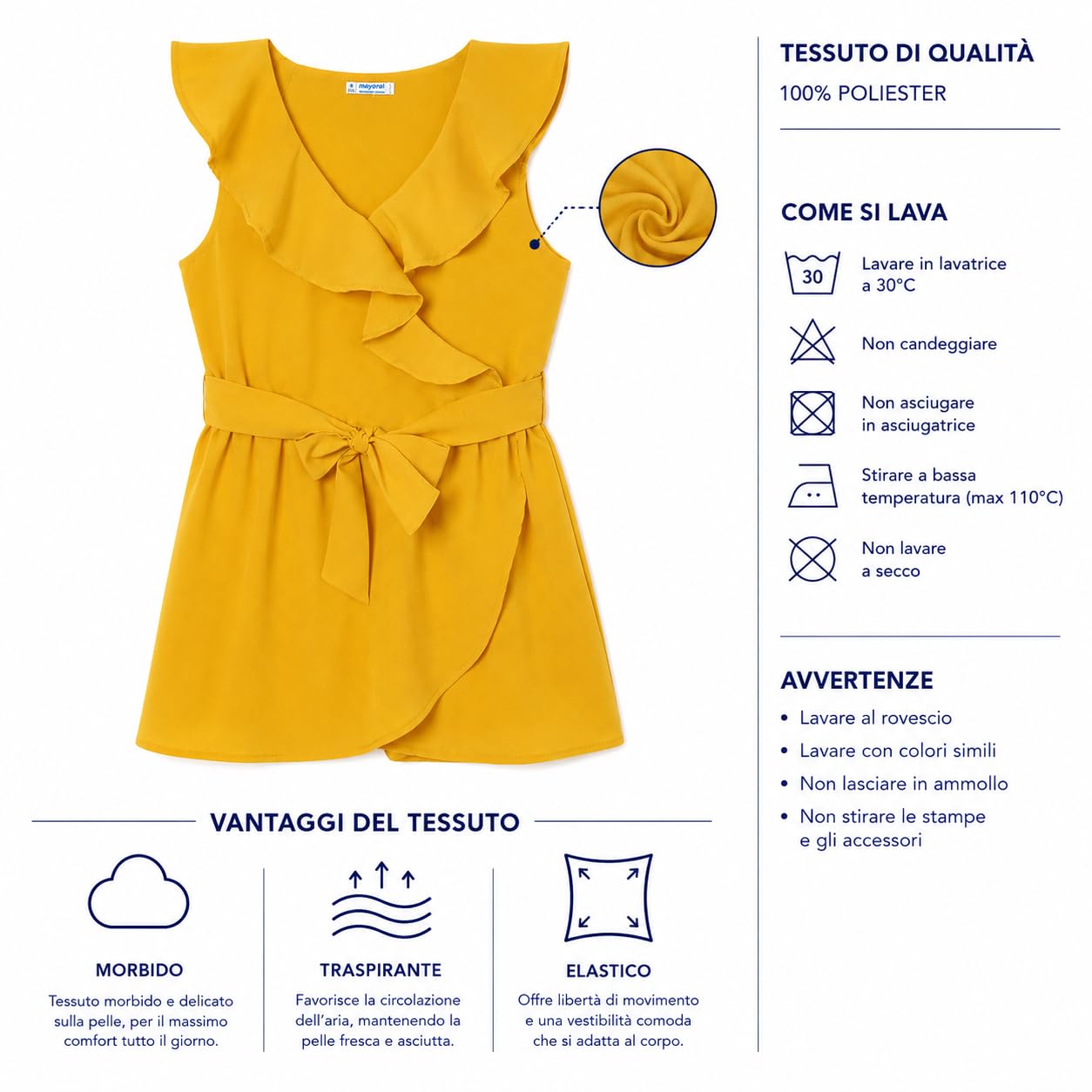 Jumpsuit Schleife mit Rüschen, Sommerkleid für Mädchen, elegantes und frisches gelbes Kleid für Zeremonien, Partys, Urlaub und besondere Anlässe, Modell 6816