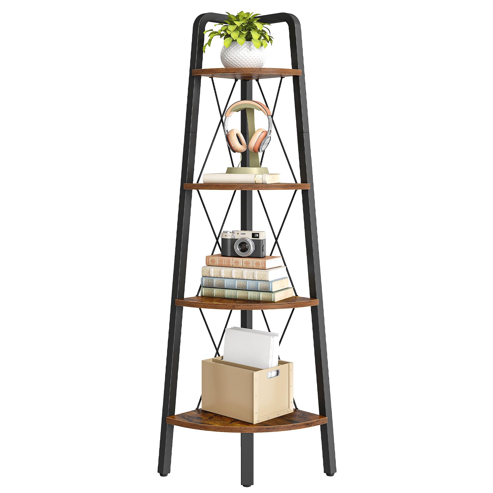 HOOBRO 4-Tier Corner Shelf, 135 cm Tall Ladder Bookshelf, Industrial Corner Display, Corner Shelf Stand, Plant Stand for Living Room, Bedroom, Office, Rustic Brown EBF144CJ01
