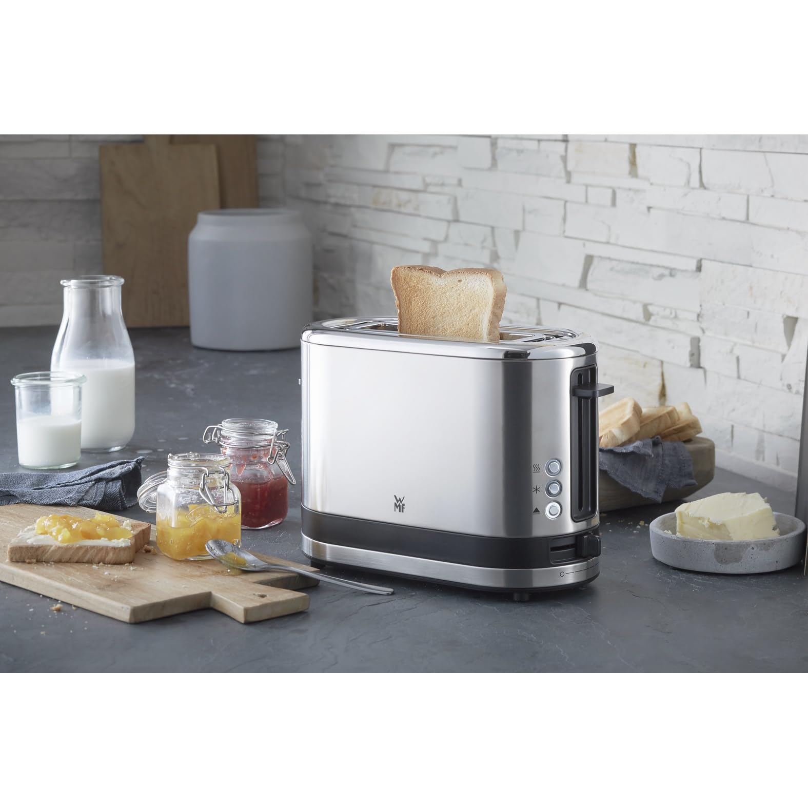 WMF Küchenminis 1-Scheiben Toaster Langschlitz XXl-Toast, Mini Toaster mit Brötchenaufsatz 7 Bräunungsstufen Überhitzungsschutz 600W Edelstahl matt