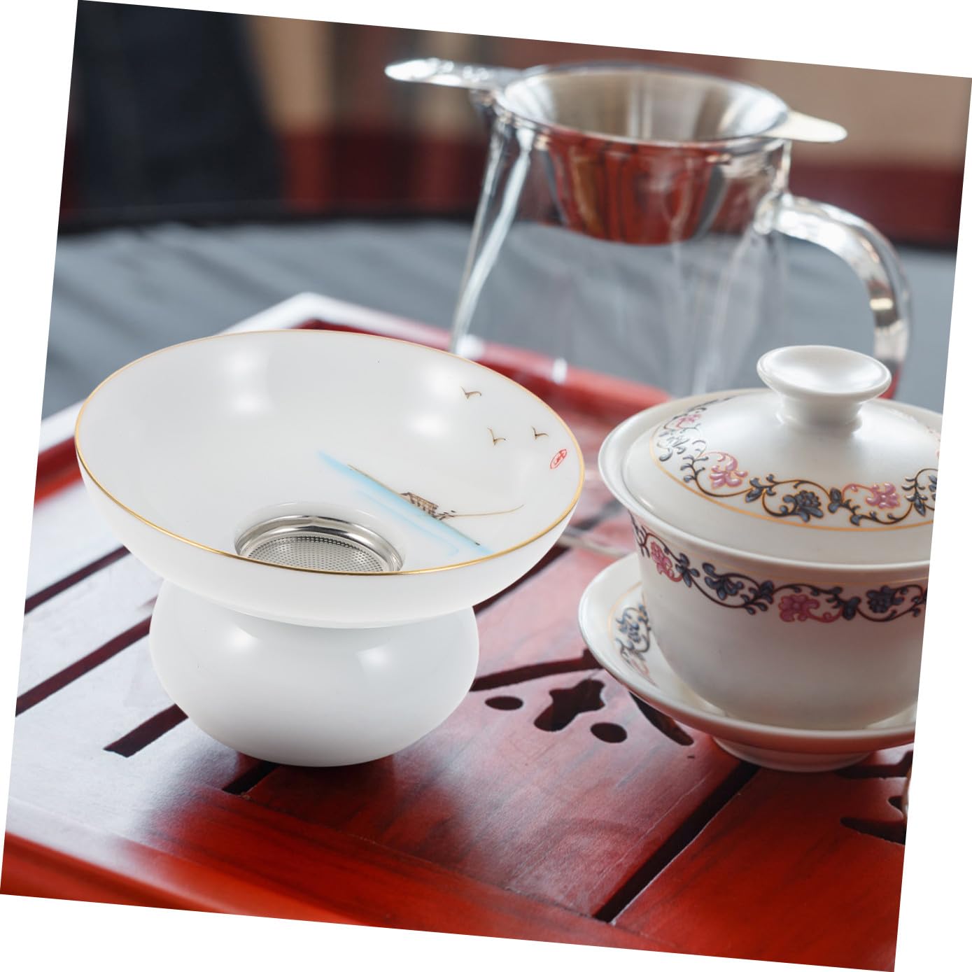 DOITOOL Filtre à Thé en Céramique Dessinée la Main avec Support en Acier Inoxydable, Infuseur Réutilisable pour Maison et Bureau, Style Antique pour Infusion