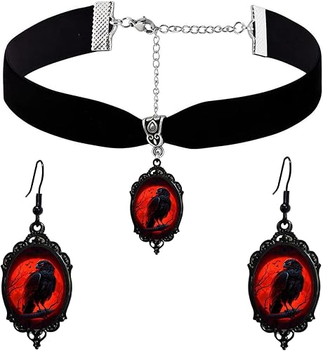 Gothic Necklace Earrings Set for Women,Vintage Black Velvet Witch/Crow/Bat Glass