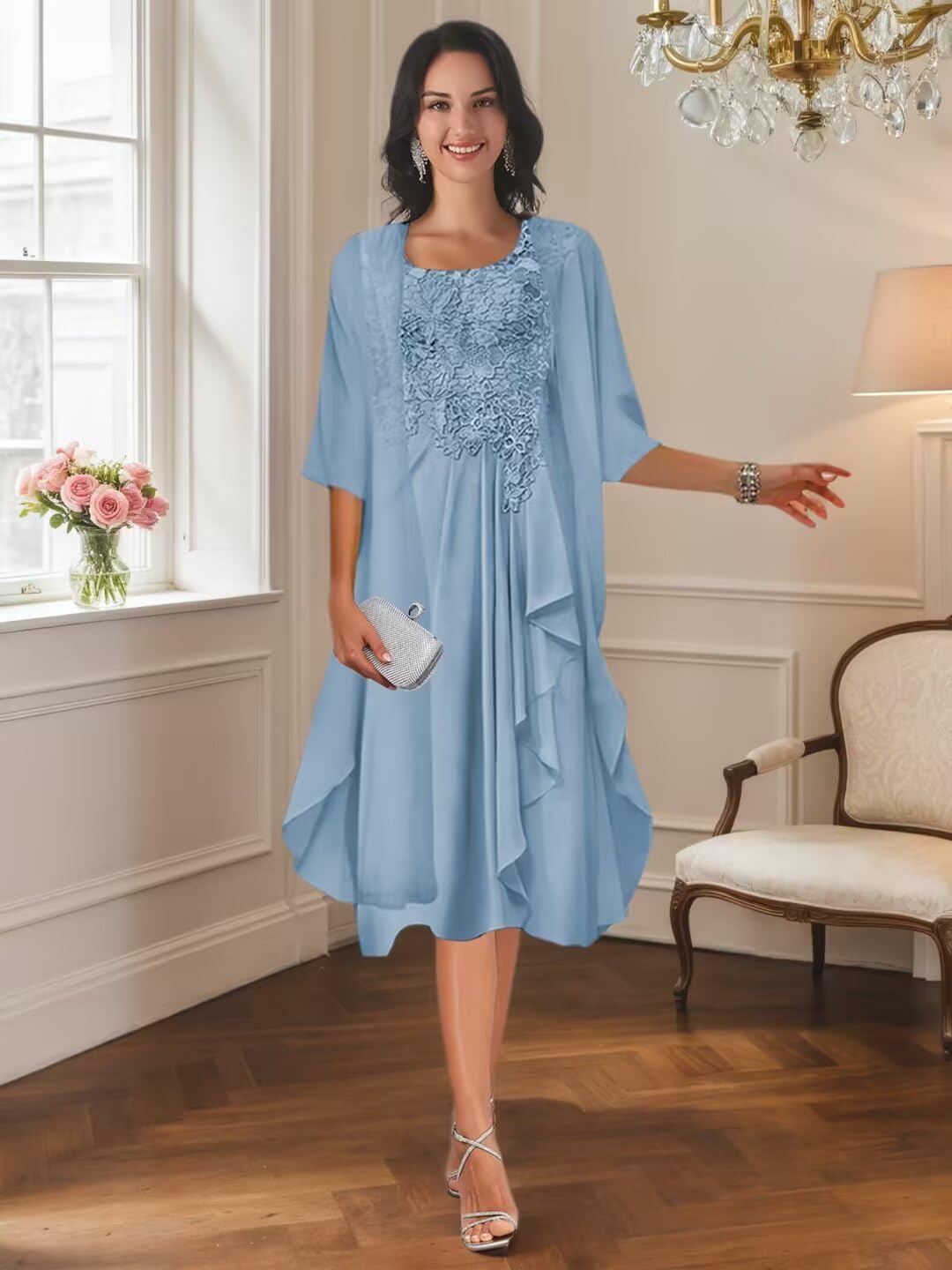 2 Piece Mother of The Bride Dresses for Wedding Tea Length Lace Chiffon Ruffle Formal Dress with Jacket - Image 3