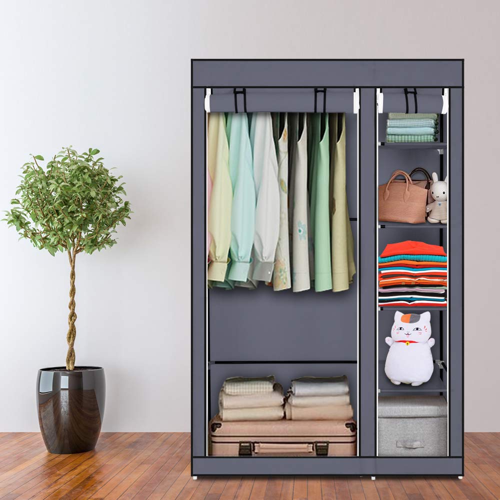 LEADZM Kleiderschrank, Stoffschrank, Garderobe Faltschrank mit Kleiderstange und Ablagen, Stabiler Schrank, für Schlafzimmer, Ankleidezimmer, 110 x 45 x 170 cm, 5 Schichten 6 Würfel (Grau)