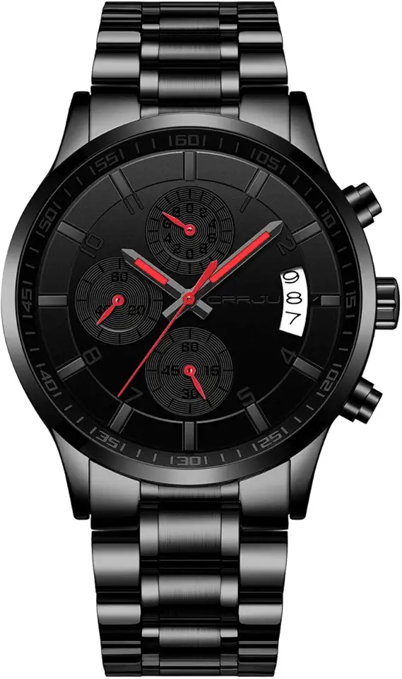 CRRJU Moda Relógio de pulso inoxidável para homem de aço inoxidável, calendário à prova d'água, com cronógrafo, Preto 42 mm