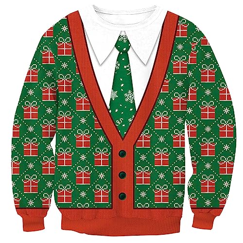 BesserBay Weihnachten Unisex 3D Gedruckt Grafik Pullover Christmas Rundhals Lustige Langarm Sweatshirt Grün M