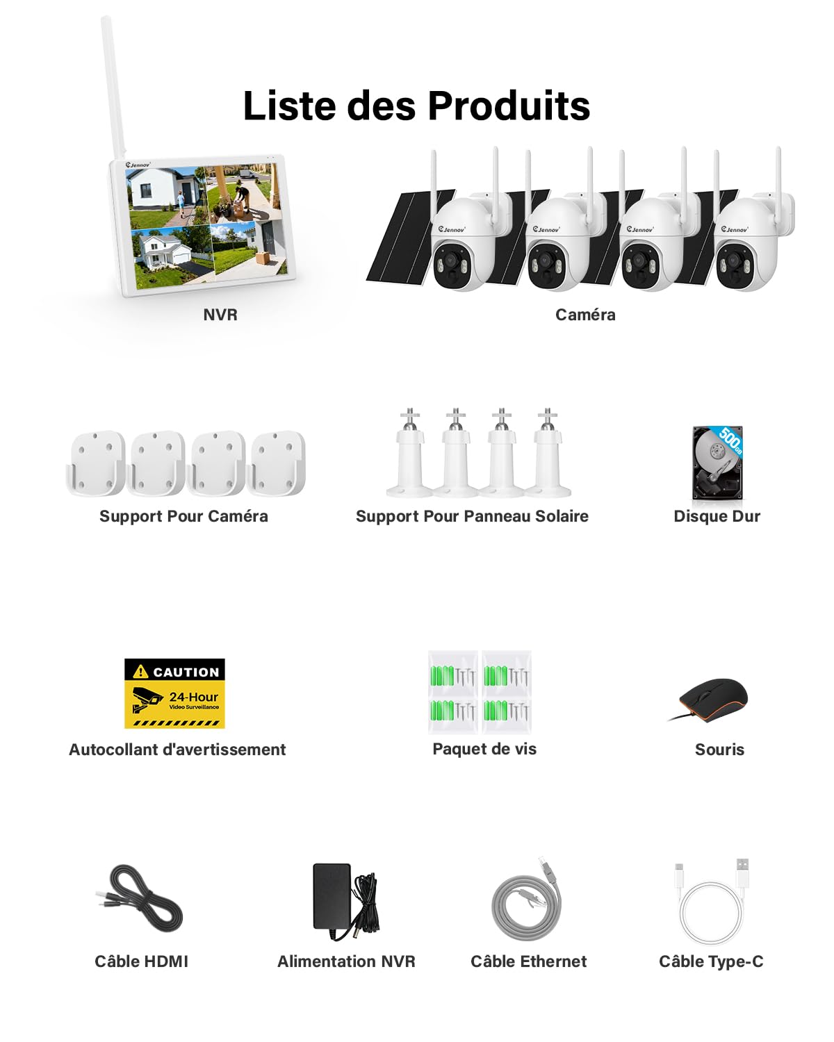 Jennov Kit Camera Surveillance Exterieure sans Fil Solaire mit Moniteur, 5MP 10CH 10" Pouces NVR Écran Tactile, 5MP Caméra avec 360° Pan & Tilt, Vision Nocturne Couleur, PIR Détection, Sans Abonnement