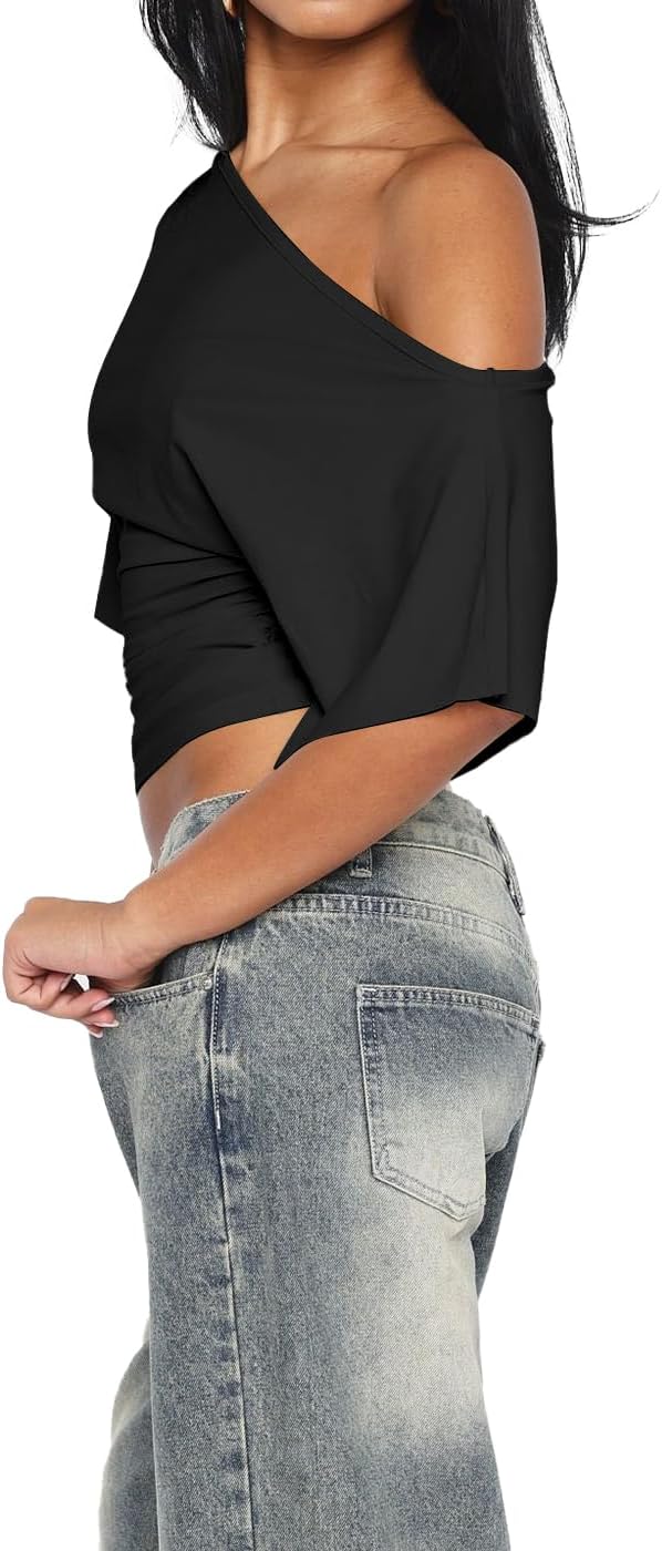 Dressmine Women's Off The Shoulder Side Ruched Crop Top Asymmetrical Short Sleeve Summer Going Out Blouses Y2K T Shirts