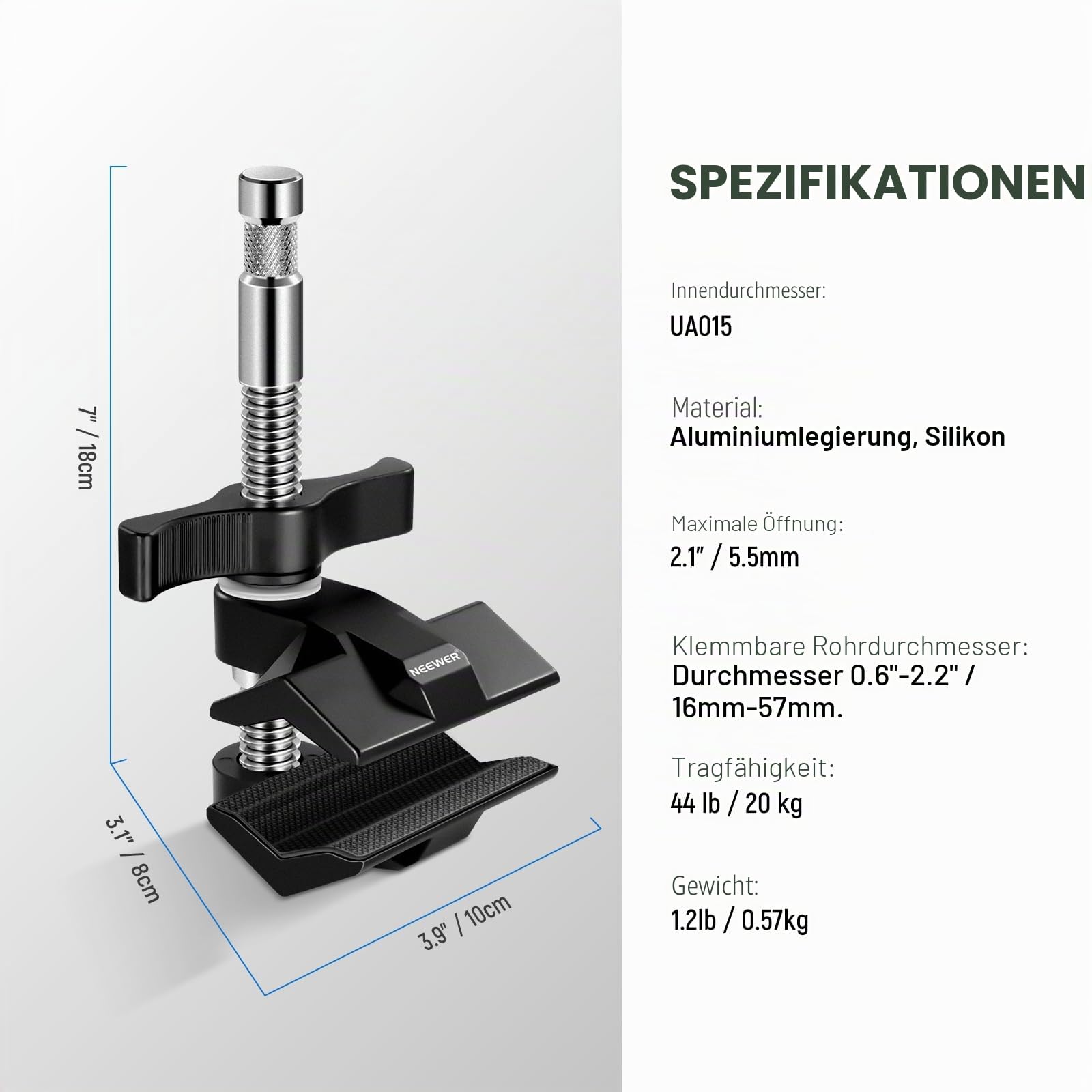NEEWER 2" Endbacken Schraubstockgriff mit 5/8" Bolzen, Stahlschaft Endschraubstockklemme mit verstellbaren Aluminiumbacken, Gummipolster für C Ständer, Drehgriff, für LED Videolicht Softbox, UA015