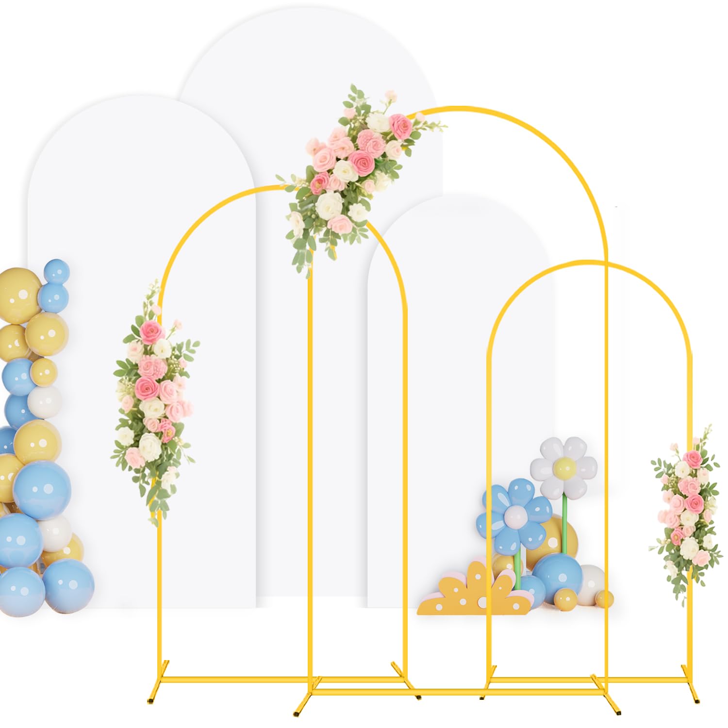 PATYDEST Set of 3 Wedding Arch Backdrop Stand and White Arch Cover 7.2FT & 6.6FT & 6FT Heavy Duty Balloon Metal Party Arch Stand with Base Arched