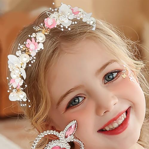 Miniatura 6 de Campsis Diadema de boda para niña de flores, diadema de perlas rosas, accesorios para el cabello de graduación de cristal floral para niñas (rosa)