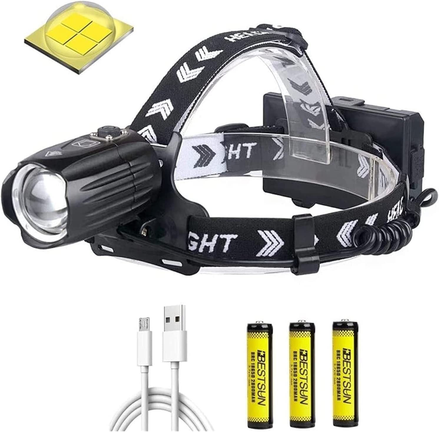 Torcia frontale a LED Lampada frontale più luminosa 12000 lumen XHP90 Torcia frontale a LED ad alta potenza Ricaricabile Zoomabile 3 modalità di luce Faro Lampada frontale impermeabile con d