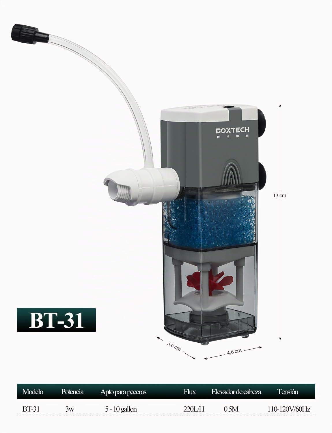 boxtech Filtro per Acquario Interno 3 W, 4 in 1 Filtro per Acquario Pompa di Potenza Ultra silenziosa Filtro in Spugna Regolabile, Portata 220 l/h, Adatto per 5-65 Litri