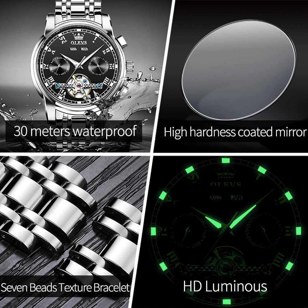 OLEVS Herrenuhren Braune Schwarz Lederarmband Quarz Uhr Männer mit Wochentag Datum Wasserdicht Leuchtende Klassische Elegantes Armbanduhr Geschenk