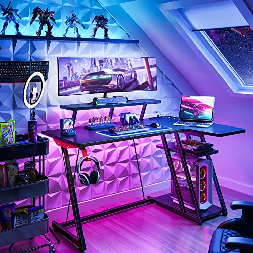 MOTPK ゲーミングデスク L字 パソコンデスク コンセント付き l字デスク 幅120*奥行80/55 pcデスク デスク 机 ラック付き ゲーミングテーブル 収納 オフィスデスク 在宅勤務 組立簡単 ブラック 右棚 [2]