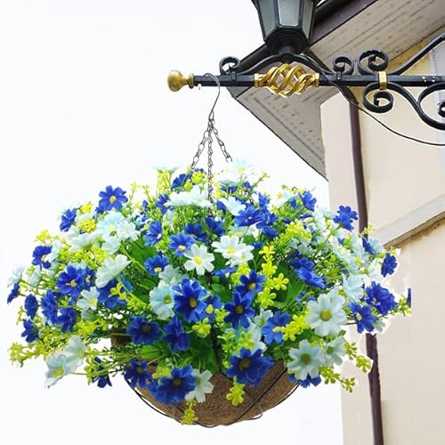 Lamsze Artificial Hanging Flowers With Basket,Fake Daisy Flowers In 12 Inch Coconut Lining Hanging Baskets For The Decoration Of Courtyard, Indoors, And Outdoors(Blue) #TOP3