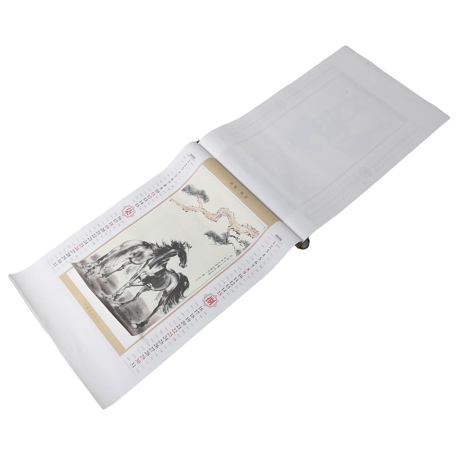 Calendario Feng Shui 2026 del Año del Caballo Calendario Lunar Chino Colgante Estilo Rollo de Pared para Sala de Estar con Ilustraciones Tinta China y Festividades Chinas