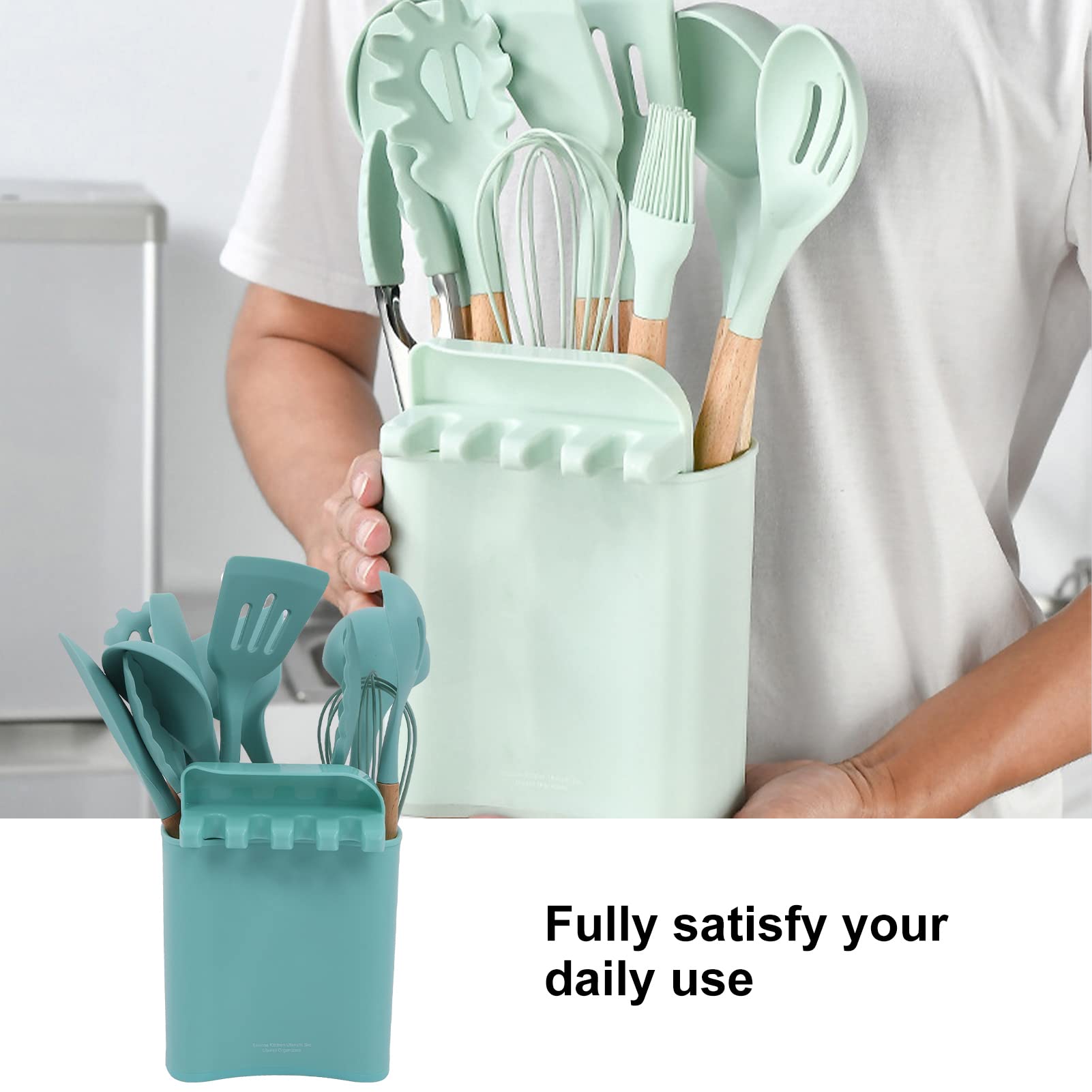 Ensemble D'Ustensiles de Cuisine en Silicone 13 Pièces, Ensemble de Spatules À Ustensiles À Coller Librement Avec Support, Ensemble de Spatules À Ustensiles (Vert foncé)