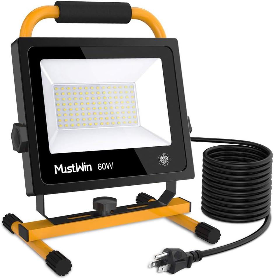 MustWin 60W Portable LED Work Light 6000LM (450W Equivalent) IP65 Waterproof Dimmable Flood Light 112 LEDs Touch Switch Stand 16ft/5M Cord with Plug for Construction Site, Workshop 5000K Daylight Whit