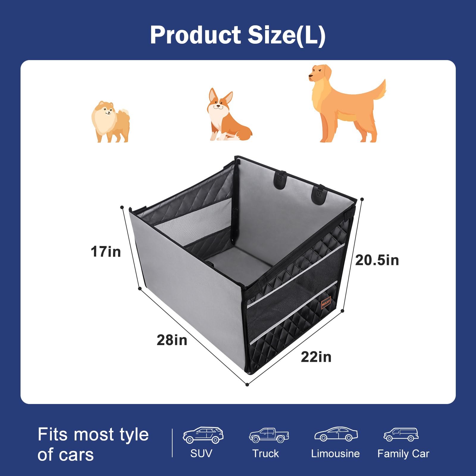 MIXJOY Dog Car Seat for Large Dogs, Back Seat Extender, Waterproof, Gray, Model PBG0003-GY-L