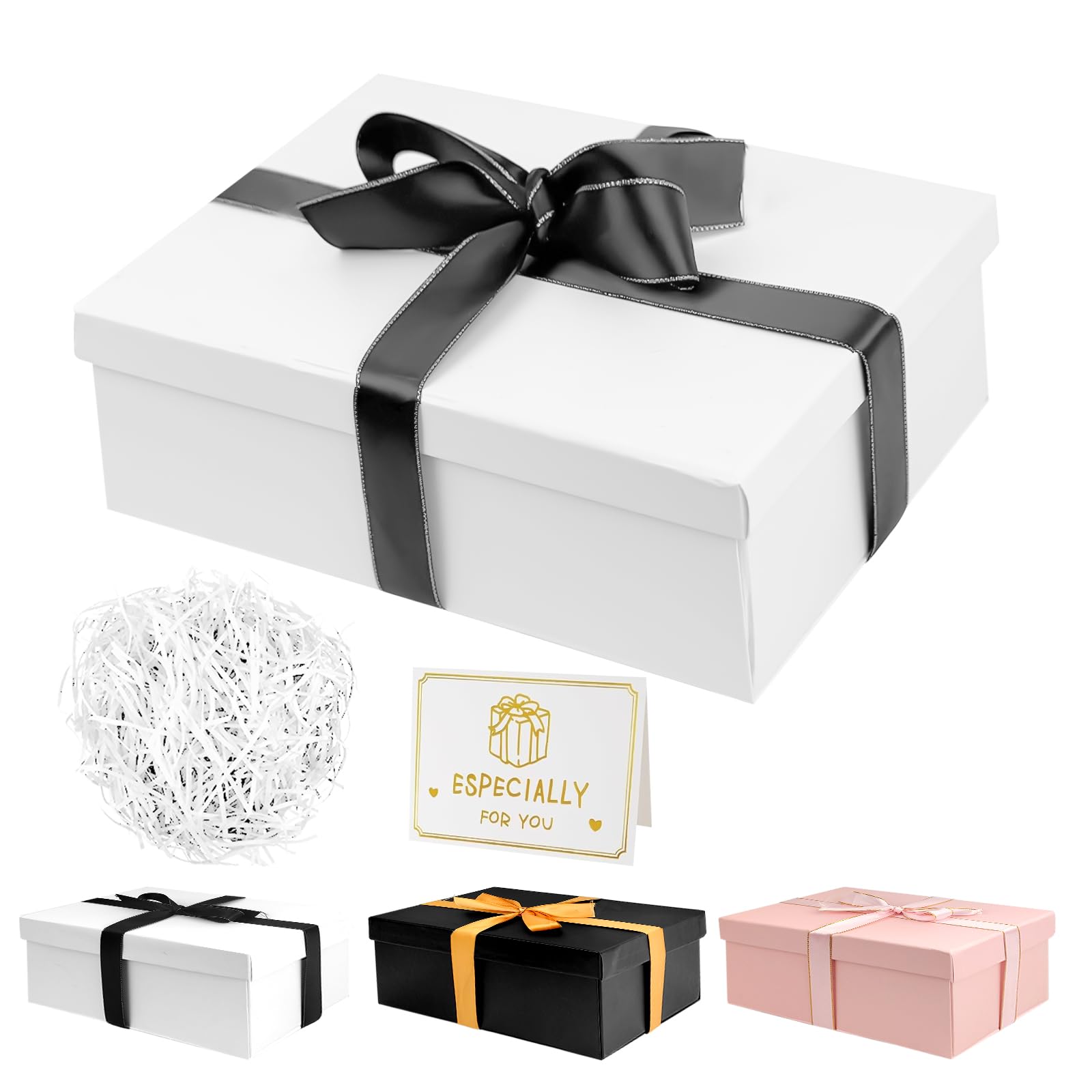 Realjoy Scatola Regalo con Coperchio,Scatole Regalo Rose,Confezione Regalo 25x18x8,5cm con Biglietto di Auguri e Rafia,Pacco Regalo per Compleanni ,Matrimoni,San Valentino,Natale(Coperchio Bianco