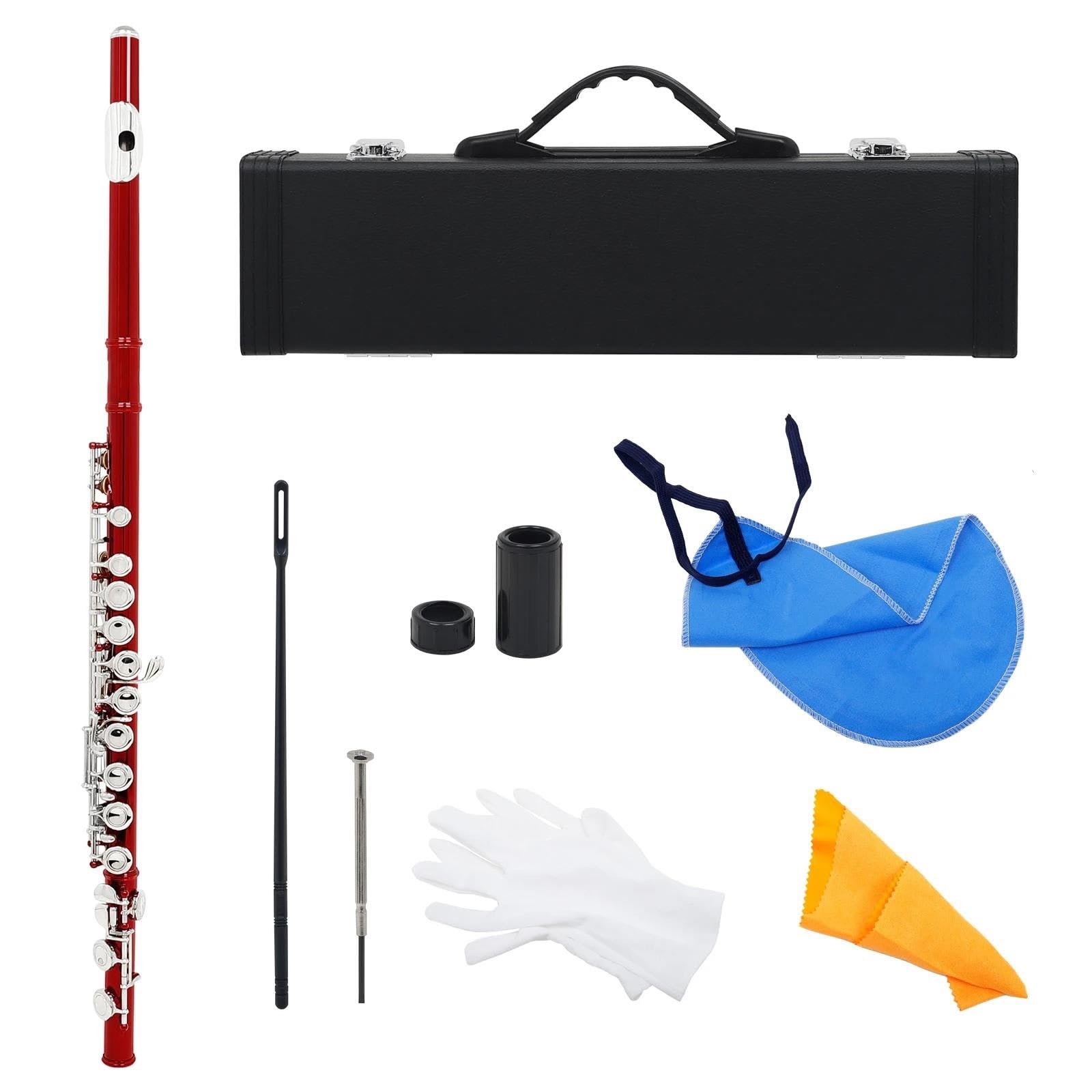 flauto traverso 16 fori aperti chiusi chiave C flauto strumento musicale flauto da concerto flauto traverso professionale placcato argento con chiave E(Red)