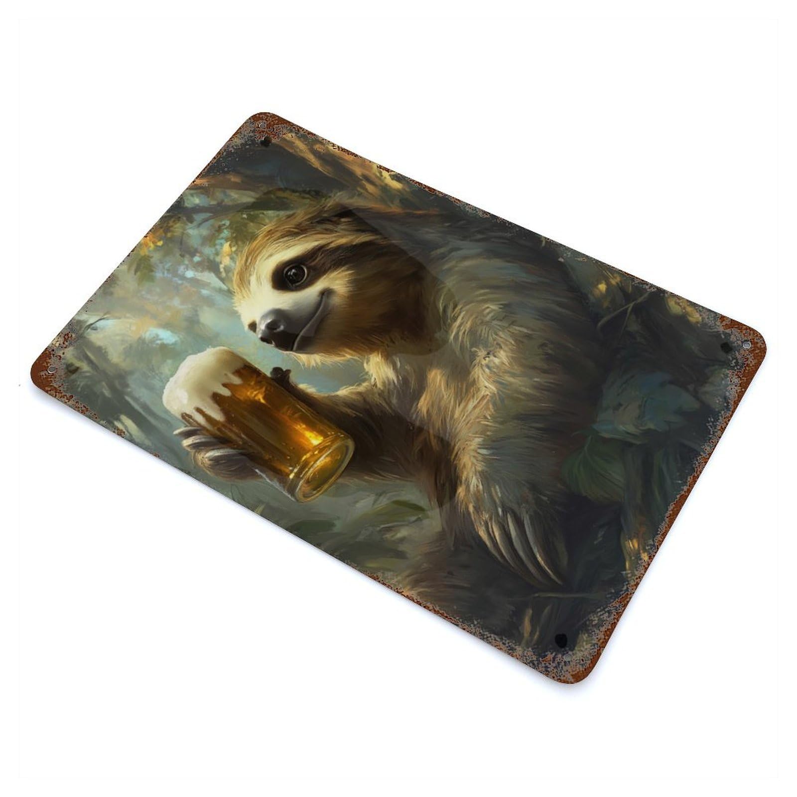 Sloth with Beer 11.8"x7.9" Weathered Tin Sign, Shabby Chic Decor for Cafe, Home Bar And Lounge Decor