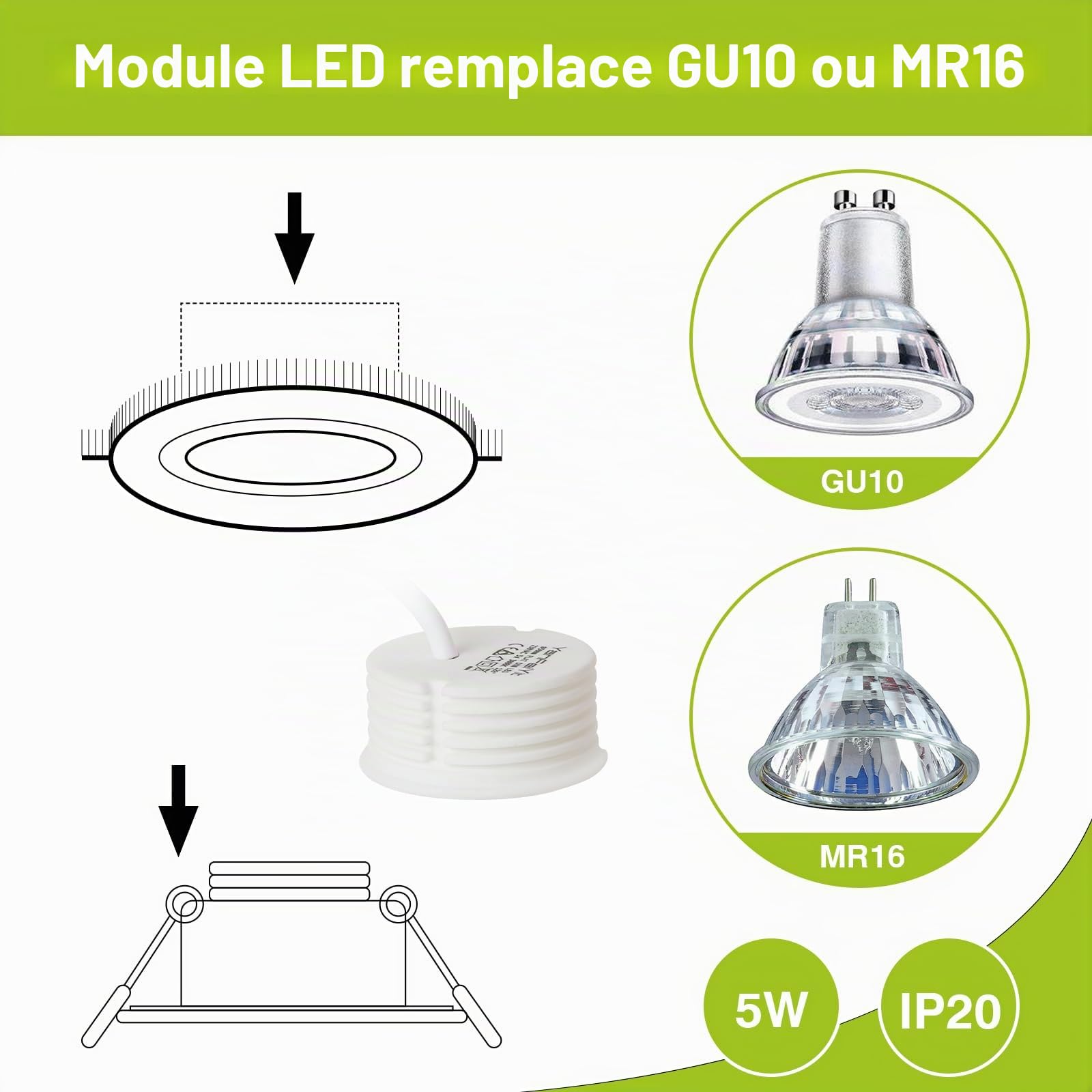Lot de 10 modules LED plats de seulement 22 mm pour spots encastrables au plafond - 220V 5 W Blanc Naturel 4000K Dimmable- Remplacement parfait pour GU10 / MR16