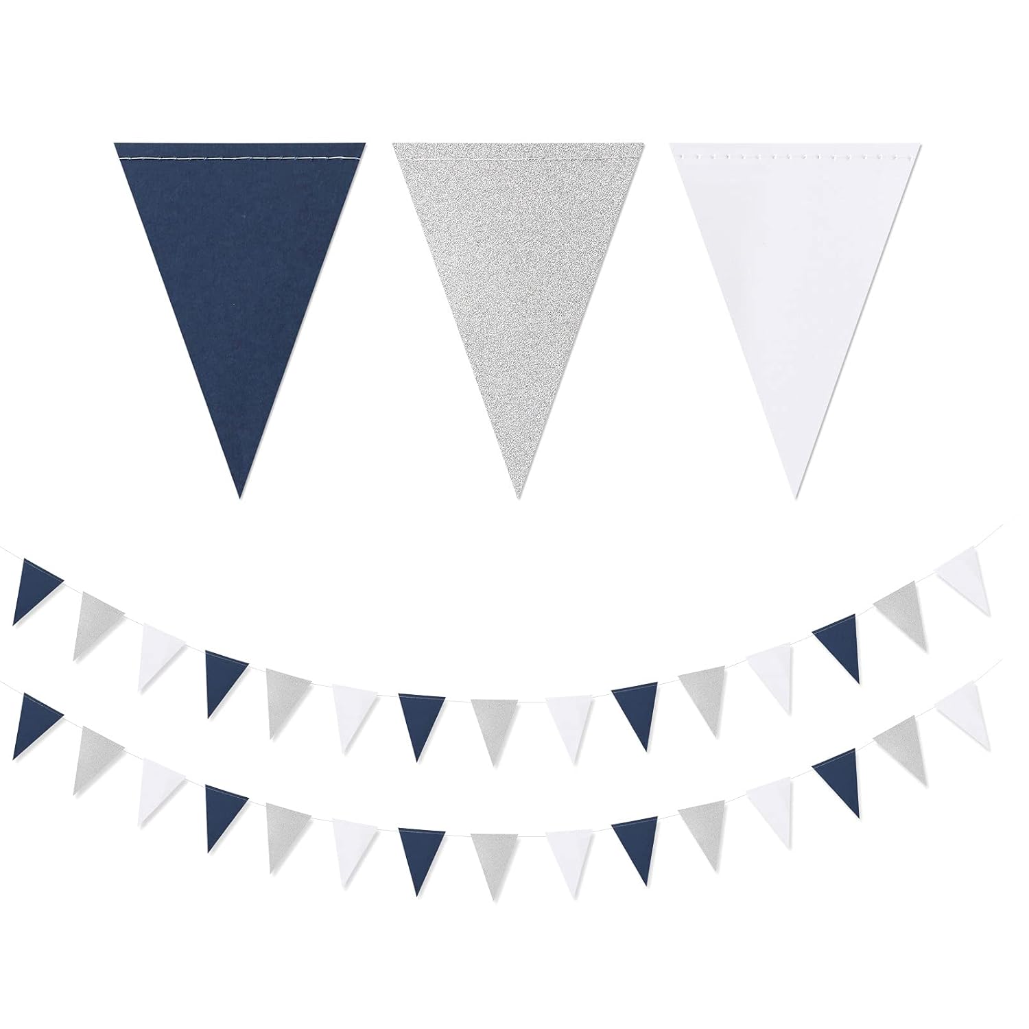 Navy Blue White Silver Pennant Banner,2Pack Glitter Sprinkles Paper Triangle Flags, Birthday Graduation 2021 Fathers Day Wedding Baby Shower Party Decorations Bunting Lasting Surprise