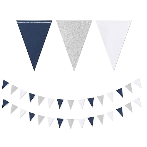Navy-Blue White-Silver Party Decorations Banner - 2 Pack Men Birthday Graduation 2024 Glitter Sprinkles Paper Pennant Triangle Flags, Fathers Day Wedding Baby bridal Shower Bunting Lasting Surprise