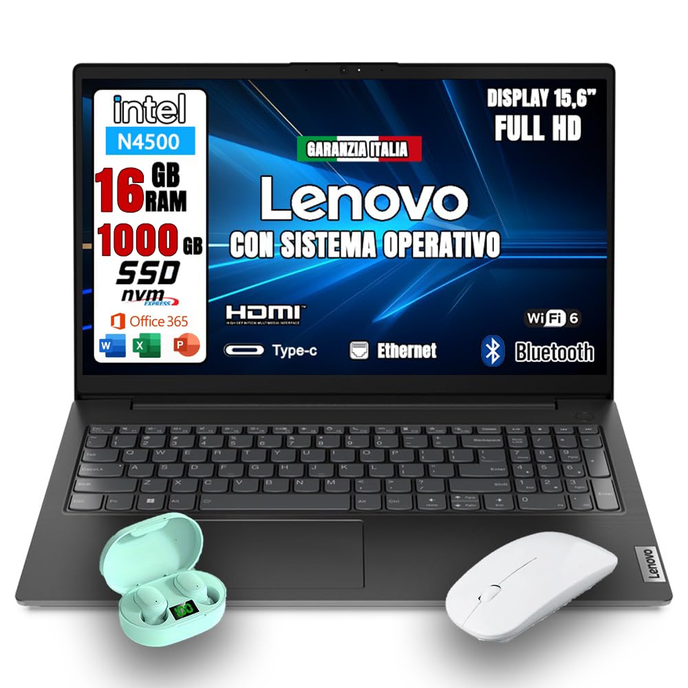 Lenovo Notebook NUOVO • CPU Intel N4500 @ 2,8ghz • Monitor 15.6" Full HD • SSD 1000GB (x2 da 512) • Ram 16GB • Sistema operativo WIN 11 e OFFICE PROFESSIONAL 365 • MOUSE WIRELESS + CUFFIETTE + BORSA