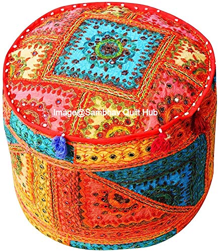 Funda de algodón tradicional india con bordado de múltiples parches, estilo vintage y cojín para el suelo, puf hecho a mano, estilo bohemio, hecho a mano, para puf otomano (Multi 1, 14 x 22 pulgadas)