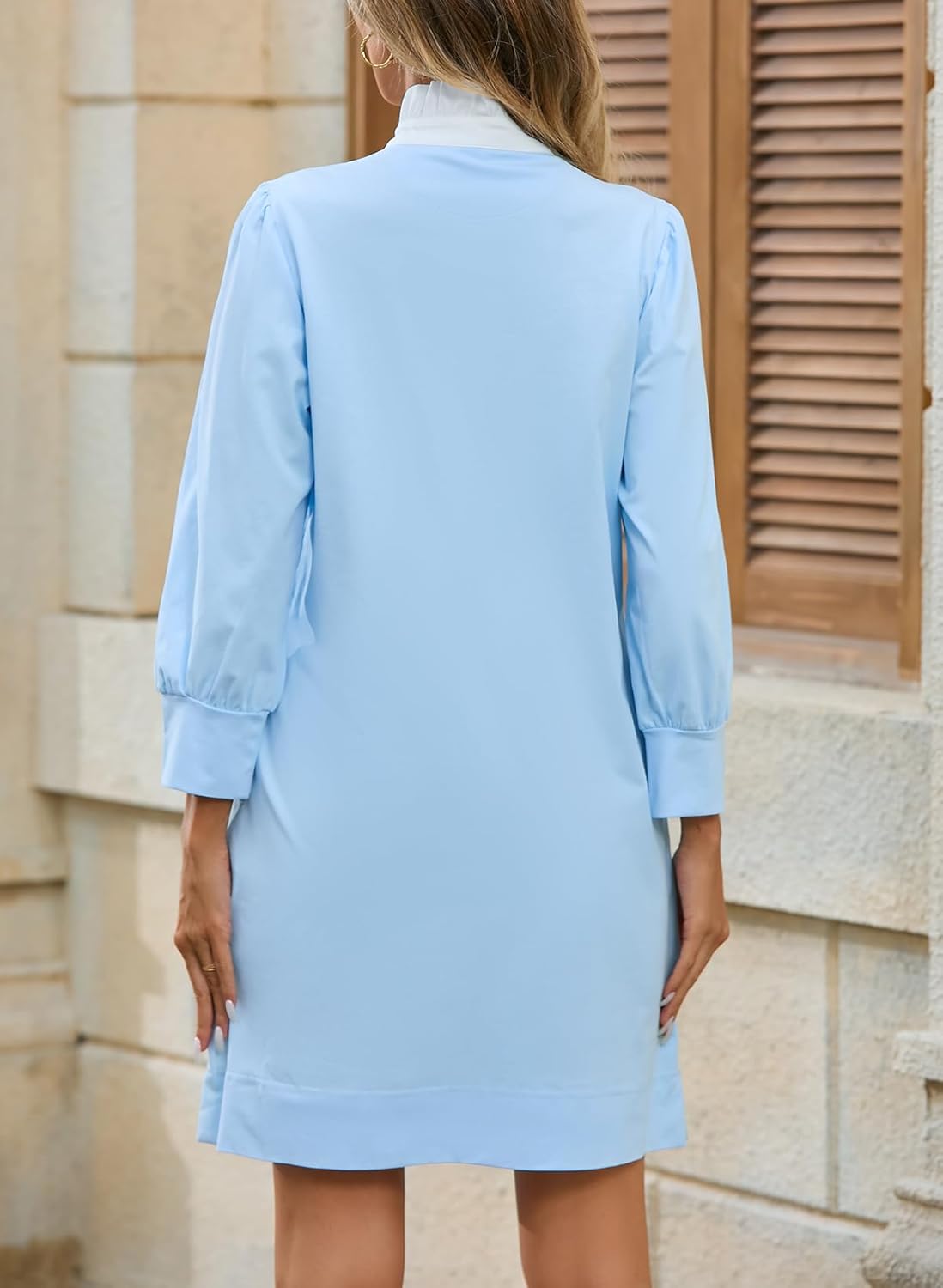 Ladyful Shirt Dress for Women Casual Ruffle Mock Neck Puff Long Sleeve Shift Dress Elegant Loose Mini Dresses with Pockets - Image 3