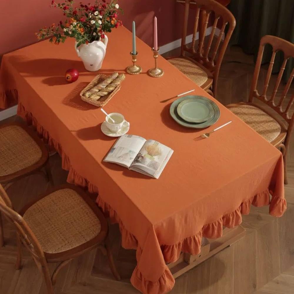 Zmywalny bawełniany obrus z falbanami na imprezę i bankiet, imbirowy, beżowy, falbany, 140 x 220 cm, elegancki obrus do dekoracji jadalni